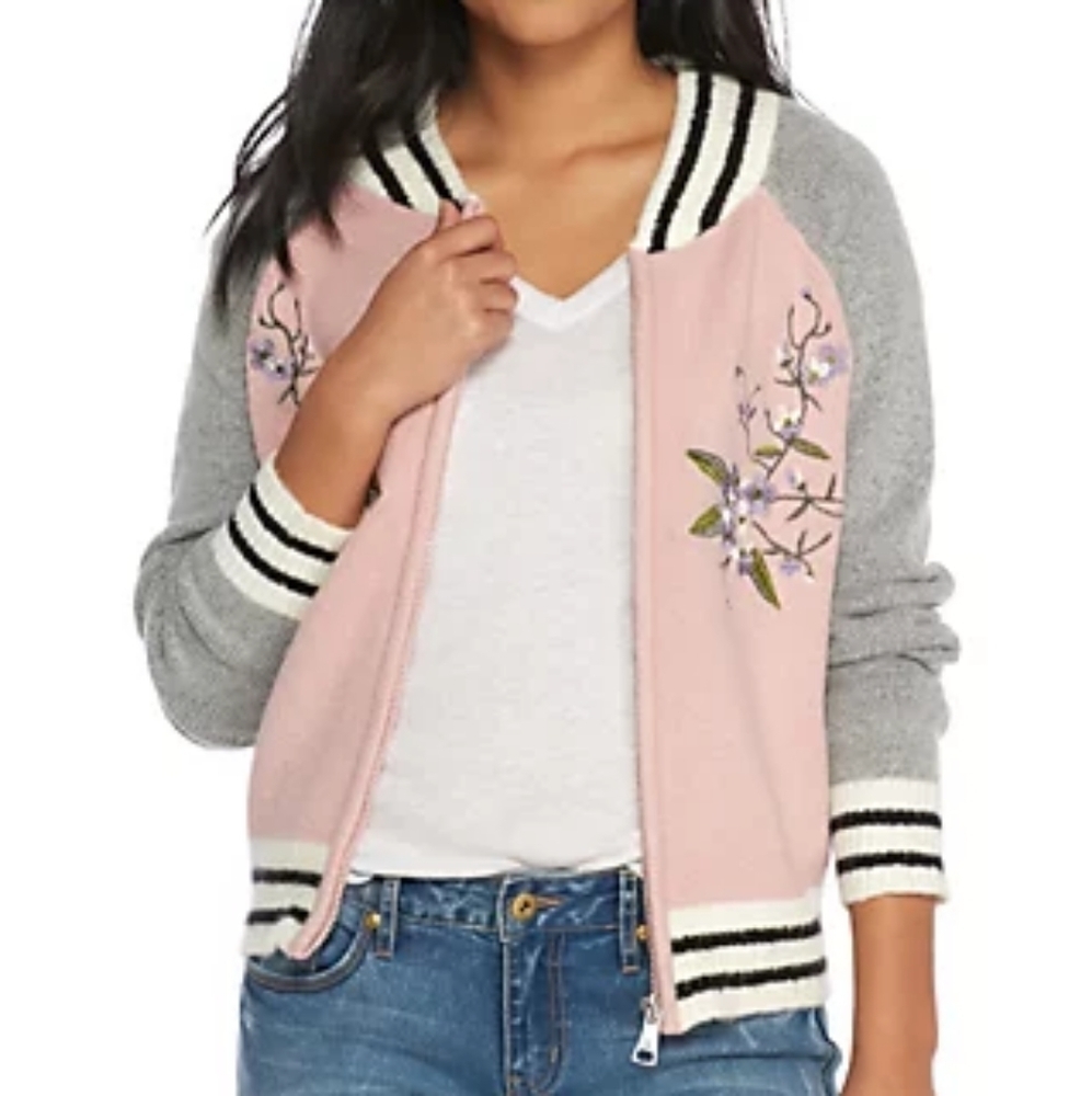 True craft embroidered bomber sweater